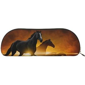 IguaTu Hardlopen Black Horses Lederen Potlood Pouch - Cosmetische tas met gladde ritssluiting - Muntzak - Kantoorbenodigdheden Organizer, Goud, Eén maat, Schooltas