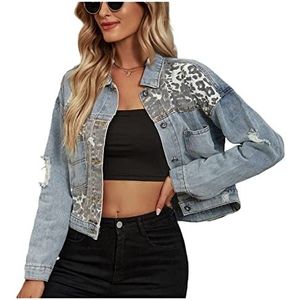 Dames denim jack, luipaard mode print patchwork gescheurd denim casual jack