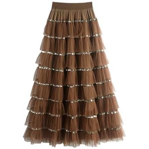 KWISUAWHGA Mesh Tule Rokken voor Vrouwen Elastische Hoge Taille Elegante Fee Gelaagde A-lijn Mode Pailletten Midi Rok,Bruin,One Size