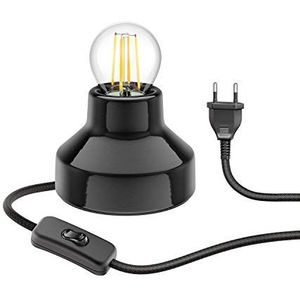 ledscom.de E27 porseleinen tafellamp TIX, rond met stekker en schakelaar, zwart, 90mm incl. E27 LED lamp helder 518lm warm wit