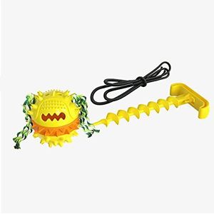 Biutimarden Langdurige Squeaky Dog Chew Spiky Ball Launcher, premium hands-free interactief hondenspeelgoed, tandenpoetsen, hondenpuzzel, speelgoed, voederdispenser met zeer elastisch touw (geel)