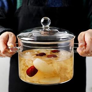 Aoguaro Glazen potten om op het fornuis te koken, hittebestendige hoge borosilicaat heldere glazen potten met deksels en handgrepen glazen potten set, voor pasta noedel, soep, melk, babyvoeding,