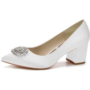 HFWXYSA Dames Bruids Trouwschoenen Chunky Blok Hak Jurk Pompen Satijn Kristal Gesloten Teen Bruidsmeisje Schoenen,Wit,35 EU