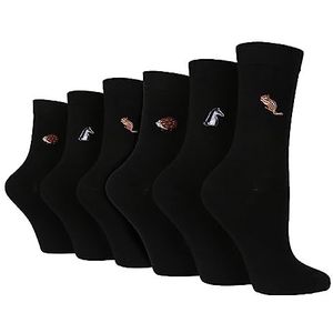 Wildfeet 6 Pack Womens zwarte nieuwigheid sokken leuke geborduurde crew sokken in katoen, Bosdieren, 37-42 EU