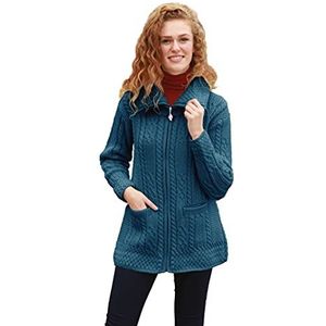 Arran Woollen Mills Iers gebreid damesvest, 100% merinowol, cardigan met voorzakken en ritssluiting, blauw, L