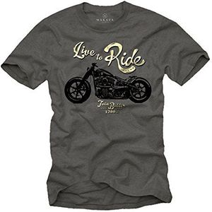 MAKAYA Vintage Biker T-Shirt Heren met Print - Live To Ride Motorkleding Motorfiets Accessoires Grijs XXXXL