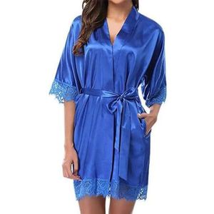 Satijnen Badjas Dame Slaapjurk Dame Slaapjurk Slijtvaste Vrouwen Badjas Kant Dame Pyjama Voor Slapen Voor Vrouw, Blauw, XL