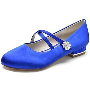 Womens Platte Bruids Schoenen Gesloten Teen Ballet Pumps Satijn Strass Kruis Strappy Party Trouwschoenen,Blauw,36 EU