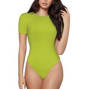KHDKLXOHZ 3d Oliveganlan Geelgroen Dames Bodysuits - Shapewear met korte mouwen, ronde hals bodypak, rekbare basic T-shirt tops, casual slim comfortabele pasvorm turnpak-onesie, 3d, S