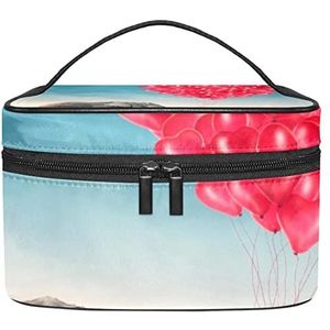 Make-up Organizer Bag, Reizen Make-up Tas Organizer Case Draagbare Cosmetische Tas voor Vrouwen en Meisjes Toiletartikelen Grijs Olifant Neus Rode Ballonnen Hart, Meerkleurig, 22.5x15x13.8cm/8.9x5.9x5.4in