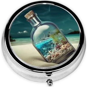 Strand in A Bottle Print Ronde Pillendoos 3 Compartiment Draagbare Mini Pillenetui Metalen Pillenorganisator Pil Container voor Pocket Purse Kantoor Reizen