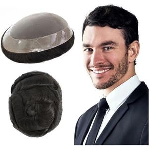 Natuurlijk ogende toupet voor mannen Franse kant for heren toupet - duurzaam mono, 1"" polycoating, #1B, 130% dichtheid menselijk haar Directe dekking voor dunner wordend haar(6x8icnh)
