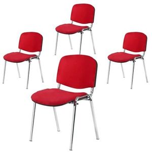 Office & More 4-delige set bezoekersstoel, chroom, comfortabele vergaderstoel, stapelbaar, met gevoerde zitting en rugleuning, rood