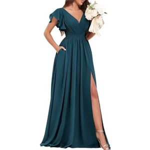 Chiffon bruidsmeisjesjurken voor dames, voor bruiloft, met split, avondgalajurken, cocktailjurken, grote maten, Pauw, 32