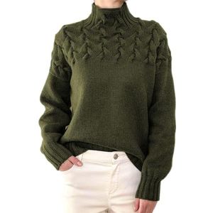 Trui met rolkraag, gebreide trui voor dames, huidvriendelijk, houdt pure kleur warm voor buiten, Donker Groen, M