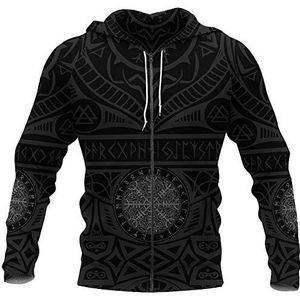 Heren Viking Hoodie, 3D-Print Norse Mythologie Kompas Tattoo, Casual Athletic Style Biker,Zip hoodie,XXL