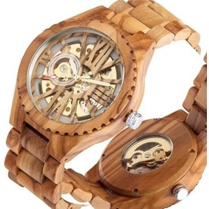 FVCTGHZ Heren Horloges Retro Hollow Skelet Dial Automatische Mechanische Houten Klok Verstelbare Houten Armband Mens Horloge, 1 kleur, Eén maat