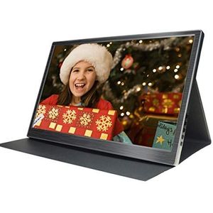 Draagbare monitor met lederen tas, 15,6 inch 1920 x 1080 LCD-kleurenscherm, compatibel met gaming-monitor, Windows 7 8 10 OS PS3 PS4 Raspberry Pi, Kenowa(dubbele HDMI, USB Powered, gebouwd in luidspreker)