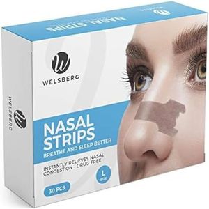 Welsberg 30 stuks Neusstrips, Anti-Snurk Pleister, Verlichting bij Verstopte Neus, Betere Ademhaling tijdens Slaap en Sport, Neuspleister voor Mannen en Vrouwen, Maat L, 66x19 mm