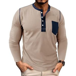 Heren casual poloshirt met lange mouwen, katoenen T-shirt met knoopjes, mode herfst winter basic T-shirts, tops met knoopjes(Apricot,3XL)