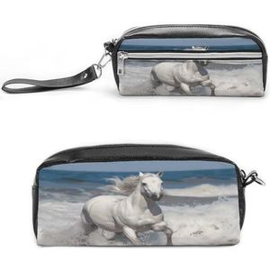 MNVTSKOP Wit Paard Running Op De Zee Make-up Tas Kleine Cosmetische Reistas Draagbare Briefpapier Organizer Voor Vrouwen Leraar