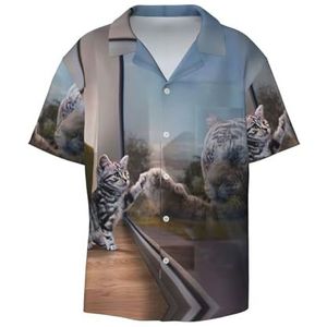 EdWal Kat en Reflectie Tijger Dier Print Heren Korte Mouw Button Down Shirts Casual Losse Fit Zomer Strand Shirts Heren Jurk Shirts, Zwart, XL