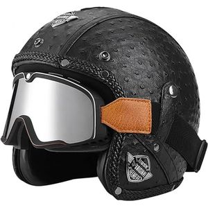 3/4 Half Helm Open Gezicht Motorfiets Half Helm Retro Motorhelm Jet Helm met Bril Retro Cruiser Chopper Scooter Open Gezicht Helm DOT/ECE Goedgekeurd F,XL=61-62cm