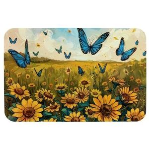 HemaKayy Badkamermat 16 x 24, zachte technische stoffen badtapijten, antislip badmat, blauwe vlinders, zonnebloemen, machinewas, droog, badmatten voor vloer, bad en douche