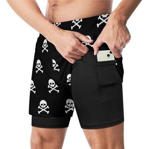 Skull Bone Print Grappige Zwembroek met Compressie Liner & Pocket Voor Mannen Board Zwemmen Sport Shorts
