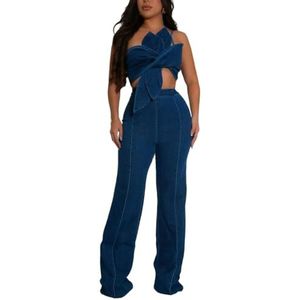 LoprNsdgt Zomer Denim Outfits Voor Dames Mouwloze Onregelmatige Buistop Broek Met Hoge Taille 2-Delige Sets,Blauw,L