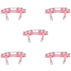 5 Set van 1x Vrouwen Lederen Dubbele Riem Hart Kousenband Elastische Klinknagel Stud Been Jarretelgordel, Roze