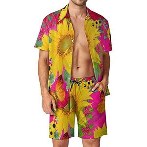 Gele zonnebloemen vlinder mannen Hawaiiaanse bijpassende set 2-delige outfits button down shirts en shorts voor strandvakantie