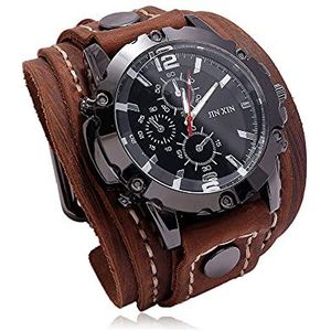 LSENZAO2020 Steampunk Armband Horloge voor Mannen Middeleeuwse Handmatige Hechting Brede Band Lederen Vintage Horloge Outdoor Mode Grote Wijzerplaat Quartz Horloge, Bruin, riem