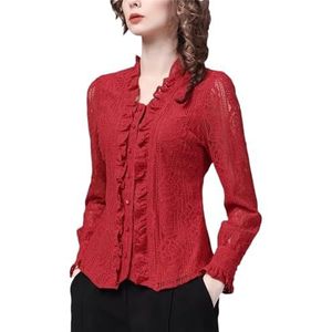 Dvbfufv Vrouwen Mode Kantoor Ruches Kant Shirt Vrouwen Lente Zomer Elegante Hollow Out Shirt Dames Blouses, Rood, XS