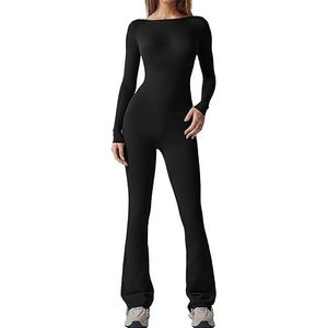 Womens yoga uitlopende jumpsuit sexy geribbelde lange mouw naadloze unitard eendelige backless bodycon jumpsuit workout outfit (Zwart,M)