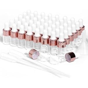 Mini glazen druppelflesjes, 50 stuks etherische olieflessen met roségouden dop, doorzichtige lege tinctuurflesjes met oogdruppelaar dispenser gebruikt voor parfummonster, lichaamsolie, cosmetische