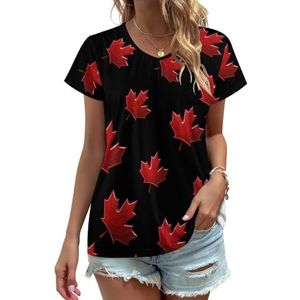 Rode Canadese vlag esdoornblad dames V-hals T-shirts schattige grafische korte mouw casual T-shirt tops M