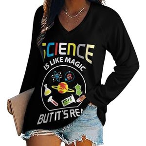 Science Like Magic Casual T-shirts met lange mouwen voor dames, V-hals, bedrukte grafische blouses, T-tops, M