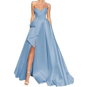 Strapless Galajurken Lange Baljurk Satijn Trouwjurk voor Bruid A Lijn Formele Avondfeestjurken met spleet, Dusty Blauw, 52 grote maten