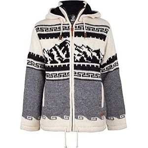 Shakaloha Alaska ZH Gebreid herenjack, 100% wol van Nepal, met fleecevoering en afneembare capuchon, handgemaakt en milieuvriendelijk, bergen breipatroon, grijswit, 3XL