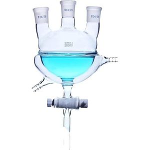 kokende flessen, Laboratoriumkolf met dubbele laag ronde bodem, verdikt hoog borosilicaatglas, driemondskolf, ommantelde kolf met leegventiel(500mL 24x24x24)