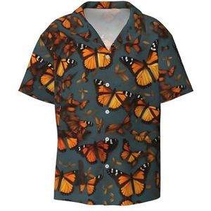 Heaps of Orange Monarch Butterflies Print Heren Overhemden Atletisch Slim Fit Korte Mouw Casual Business Button Down Shirt, Zwart, 4XL