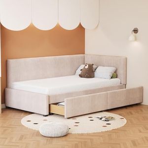 DUlVBPE Gestoffeerd bed slaapbank 90 x 200 multifunctioneel bed met 2 grote opbergladen en lattenbodem, huidvriendelijke fluwelen stof, beige