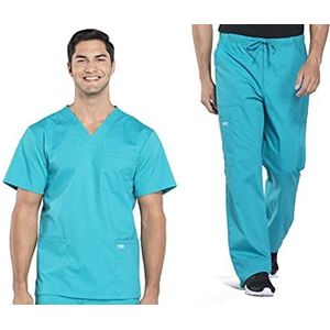 Heren Scrubs Set Workwear Professionals WW695 V-hals Top & WW190 Tapered Been Fly Front Cargo Broek, Teal Blue- 5XL Top/5XL Broek