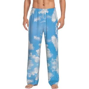 Dexnel Blauwe hemel witte wolk zachte pyjama broek voor mannen,Klassieke slaapbroek comfortabel, polyester pyjamabroek met zakken, Wit, S