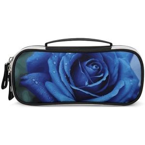 DWTJKMS Romantische Blauw Rose Lederen Make-up Tas Draagbare Kleine Cosmetische Organizer Waterdichte Toilettassen Borstels Potloden En Reizen Make Up Accessoires