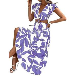 jurken voor dames Jurk met bladprint en vlindermouwen zonder riem (Color : Purple, Size : Small)