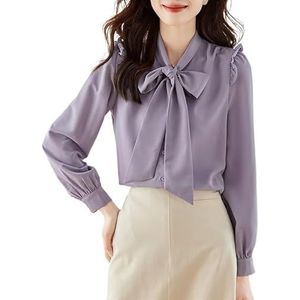 ROUZIHU Franse lange mouw chiffon shirt dames strik blouse losse buik bedekkende shirt(XXL)