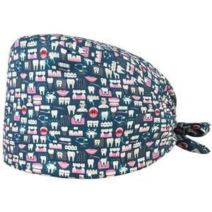 Chirurgische tandartskap, blokmuts, 100% katoen, innovatieve en comfortabele medische kap, tandmotieven (donkerblauw)