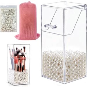 FEIBAMAOYI Acryl make-upborstelhouder, transparante make-uporganizer met deksel en parels, organizer voor make-upkwasten voor slaapkamer, badkamer (rechthoekig)